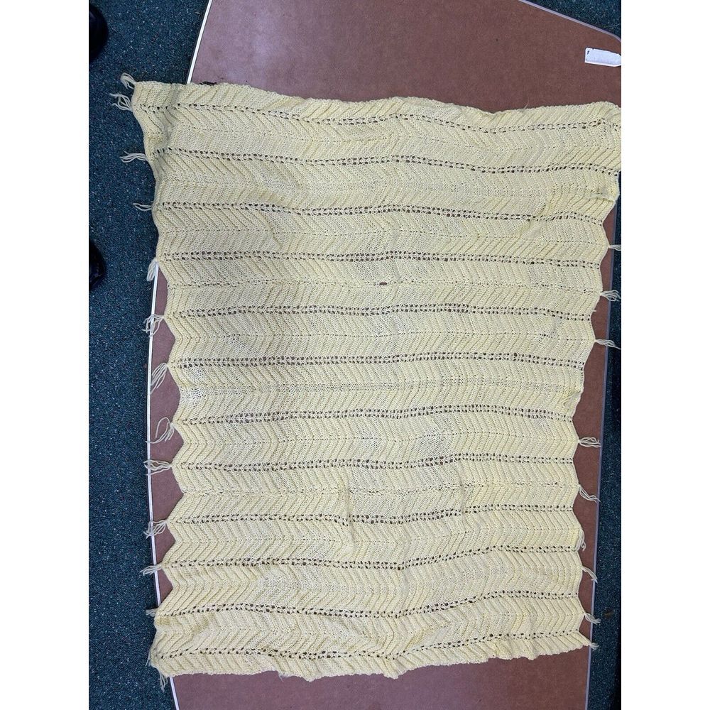 Handmade Crocheted Yellow Blanket Afghan Throw Blanket Tassels 50" X 44"